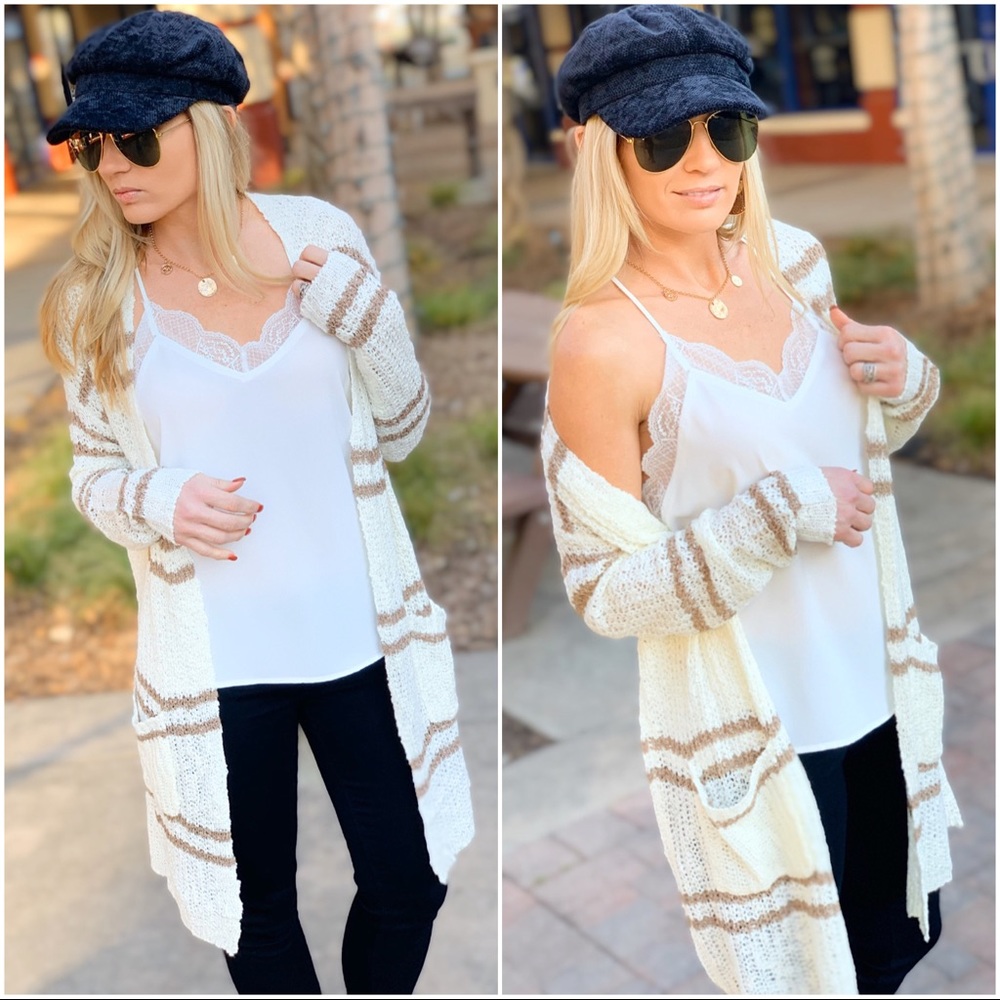 Cream and Taupe double stripe long cardigan - Picture 4 of 6